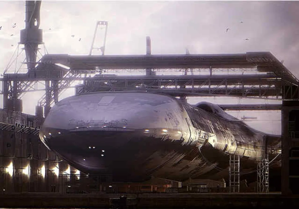 High-resolution capture of massive aerospace hull under assembly in secured hangar.